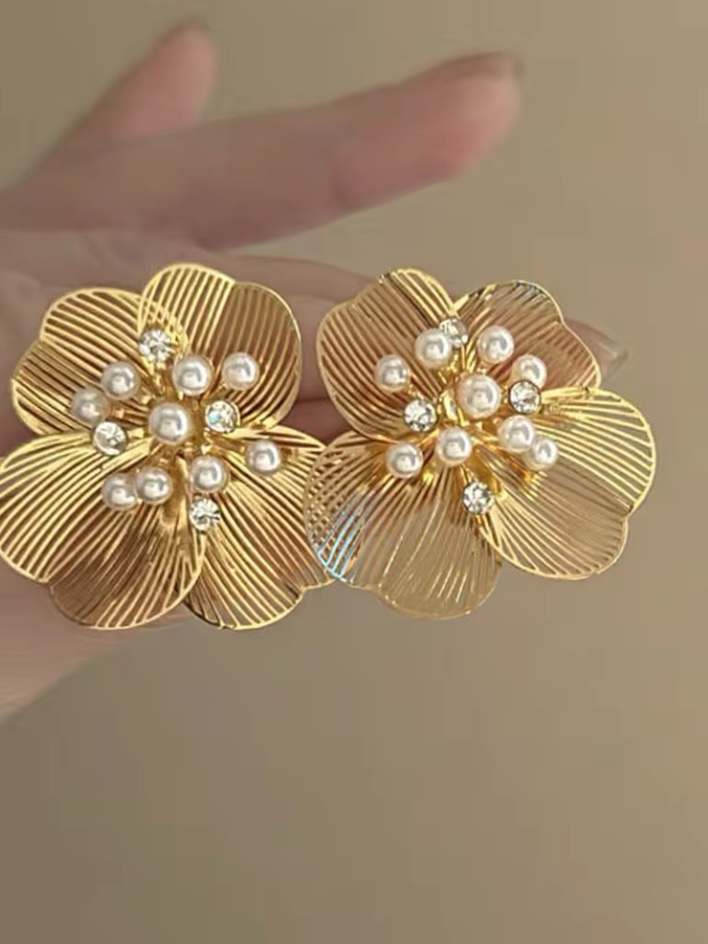 Anthropologie Gold Floral Pearl & Crystal Earrings